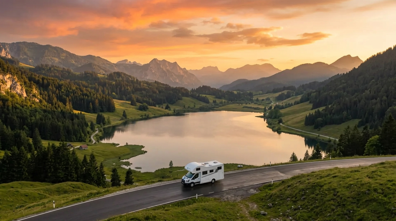 Autocaravana Bookingvans en la carretera junto a un lago de montaña al atardecer