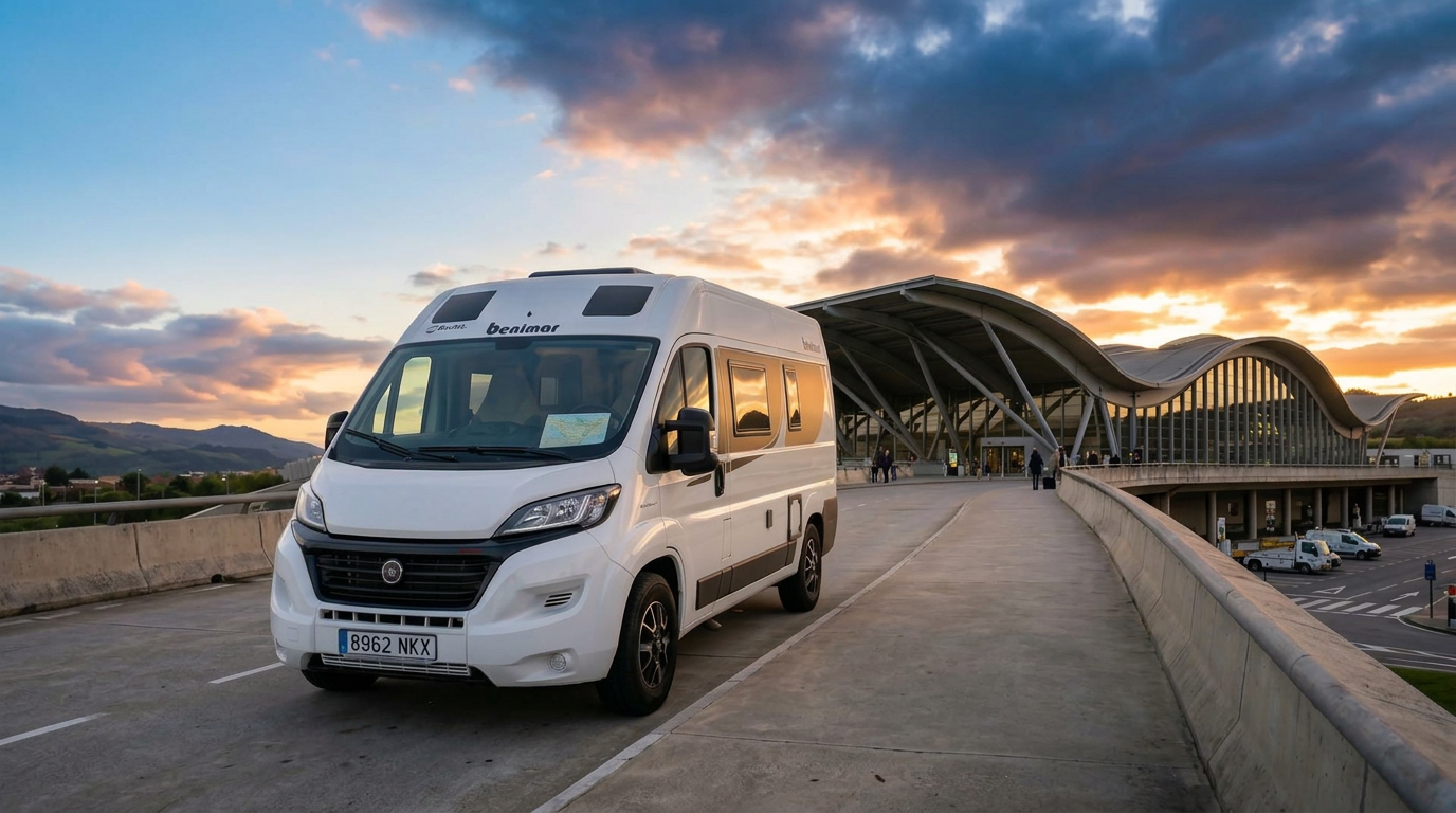 Camper Bookingvans junto a una terminal moderna al atardecer